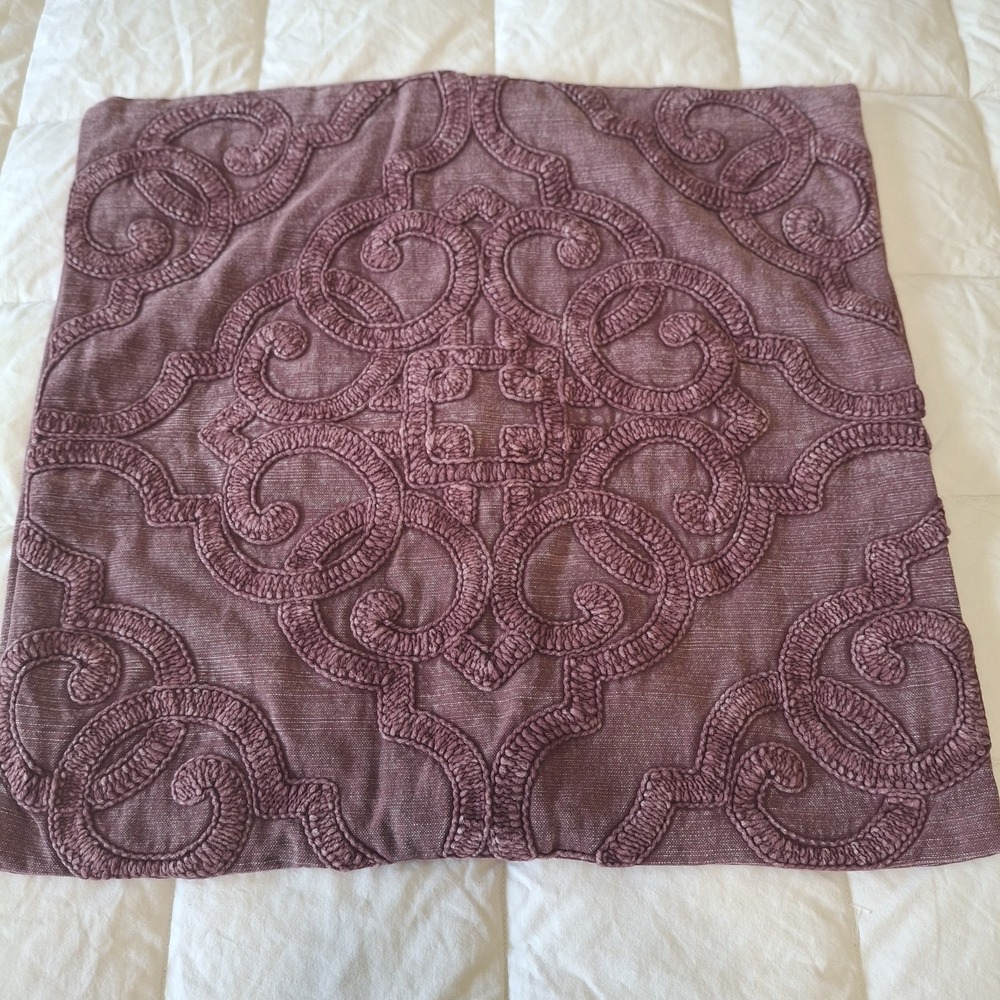 Pottery Barn Embroidered Pillow Cover 18x18 Plum Mauve Square Scroll Medallion